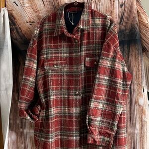 Simplee Appeal Women's Plaid Utility Shacket  in Red Tan and Gray